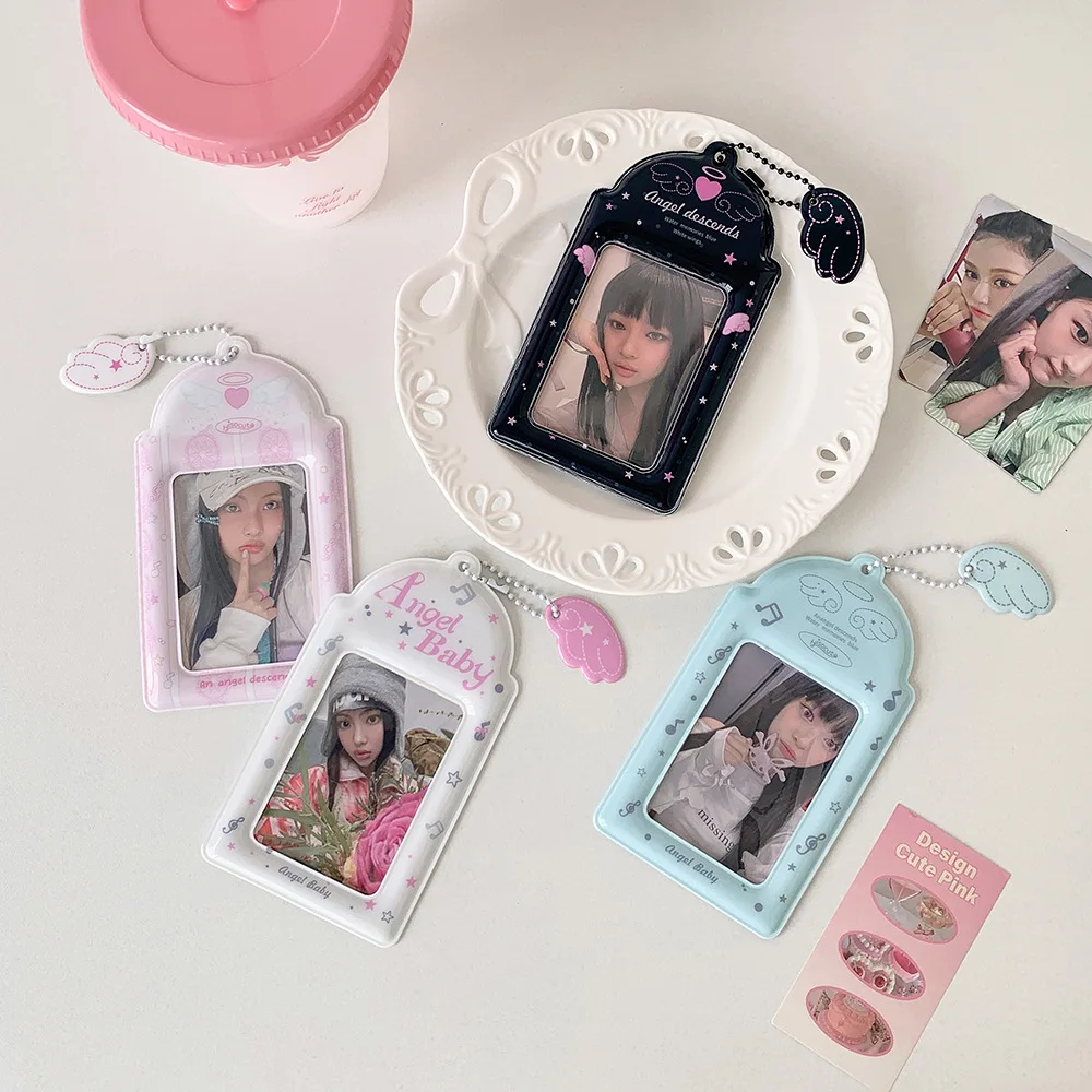 Cute Student 3 Inch Clear ID Card Holder with Angel Wings Charm Photo Badge Sleeve for Bus Card