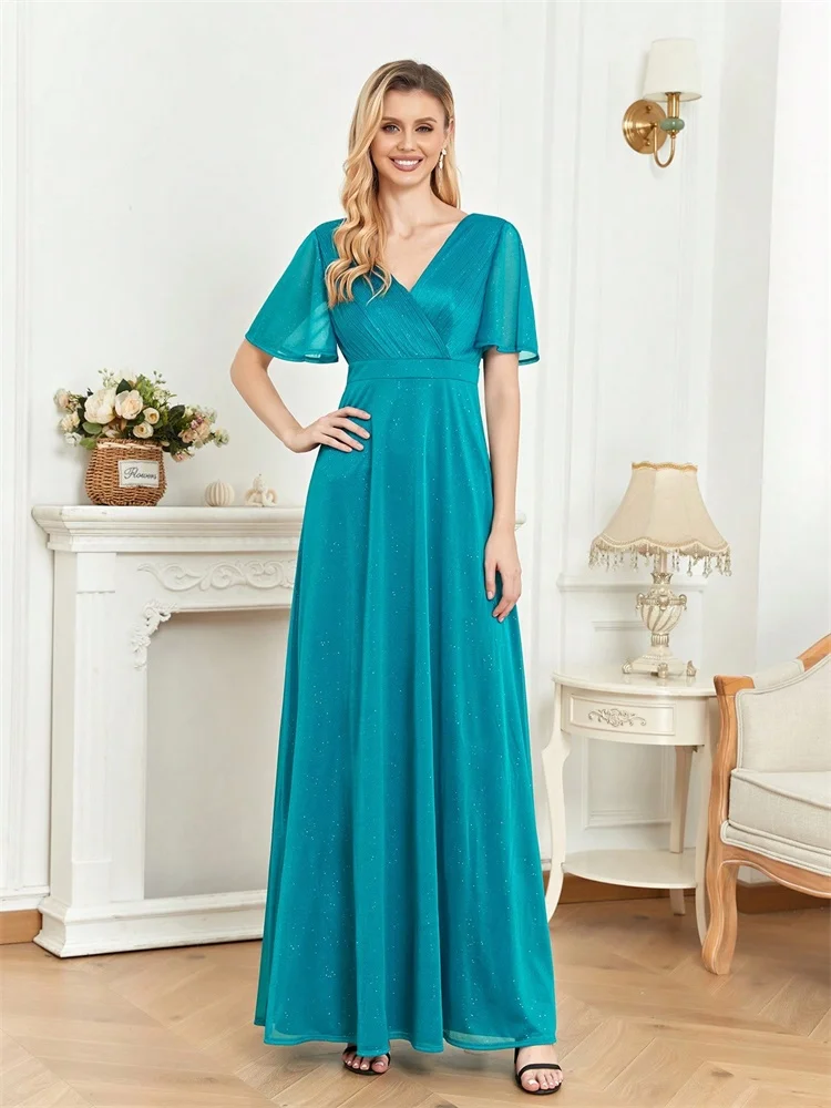 BLUEPLUM New Luxury Sparkle Blue Chiffon V-Neck Evening Dress Women Long Elegant Wedding Party Prom Cocktail Dress Gowns