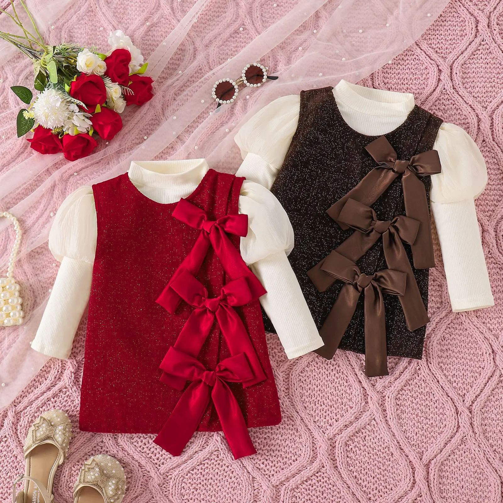 Autumn and Winter Girl Set Small Fragrant Style Bubble Sleeves Long Sleeves T-shirts Bow Vest Skirt Birthday Dress Two Piece Set