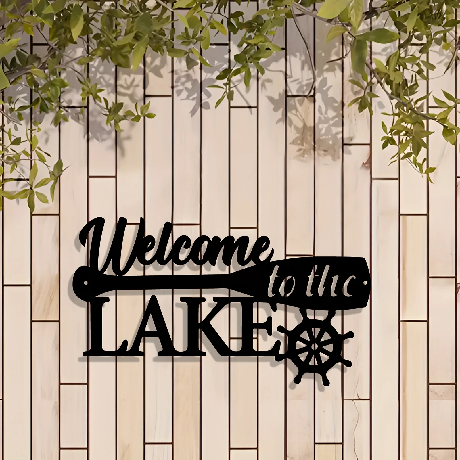 2D 1pc Metal Vintage Rustic Welcome to The Lake Metal Wall Art Sign - Black Iron Outdoor Decoration with Boat Paddle Design