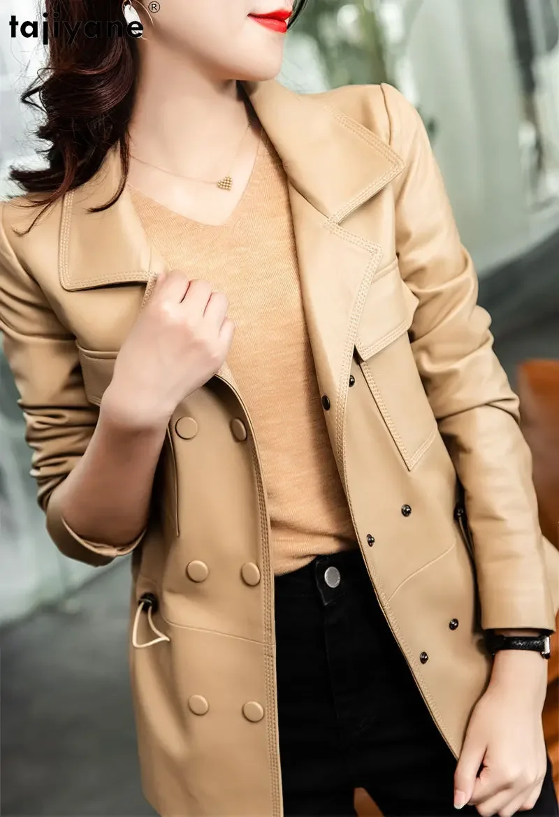 Tajiyane Elegant Leather Jackets for Women 2023 Genuine Sheepskin Leather Jacket Women Waist Drawstring Slim Leather Coat Top