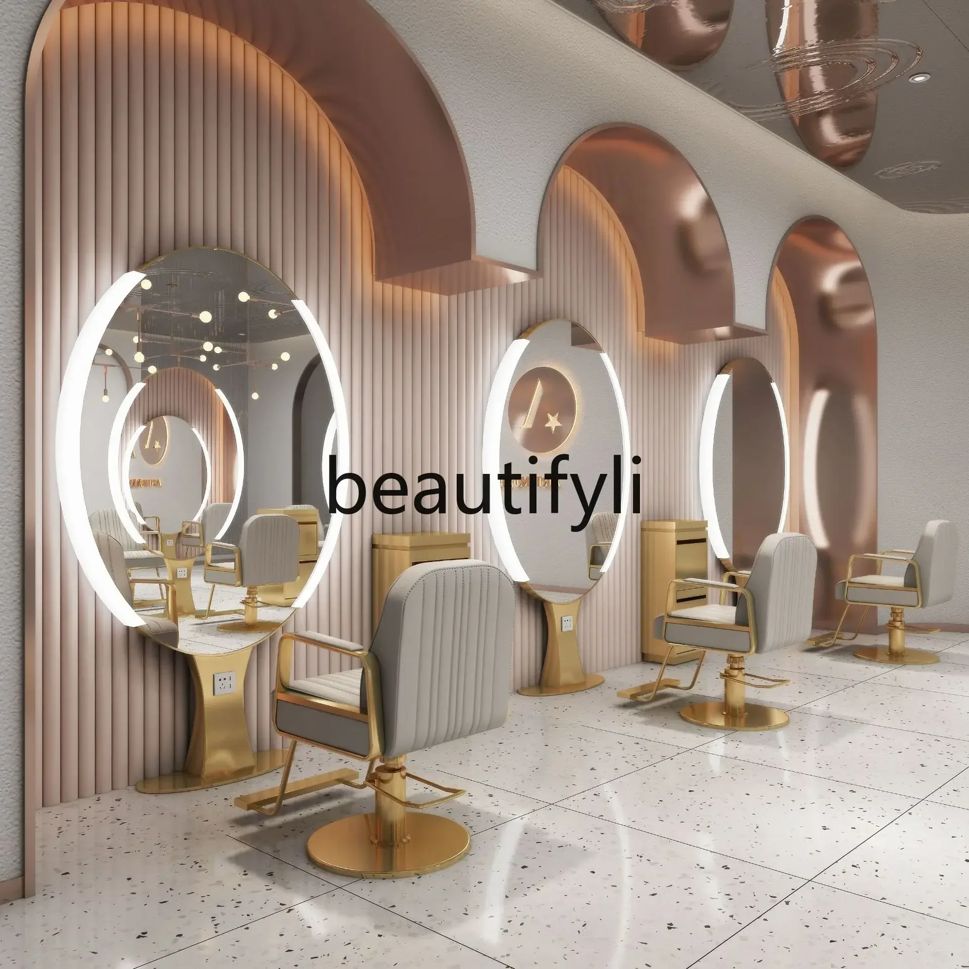 

zqqqqHairdressing mirror table with light HD stainless steel haircut single double-sided mirror floor gold