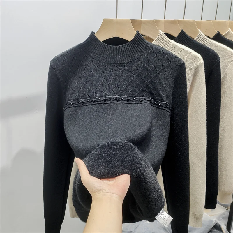 

Вязаный длинный женский свитер Fce на подкладке, цельный бархатный свободный свитер с высоким воротником, внутренняя часть, круглый, Ne