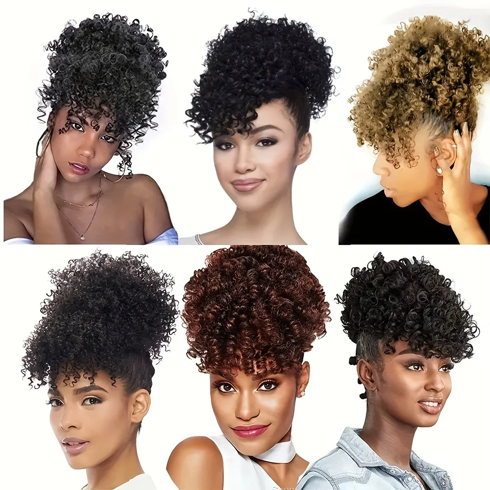 Postiches Afro Short Kinky Curly Puff Hair Bun chignon With Bangs synthetic Wigs Pineapple Updo Drawstring Ponytail Extensions