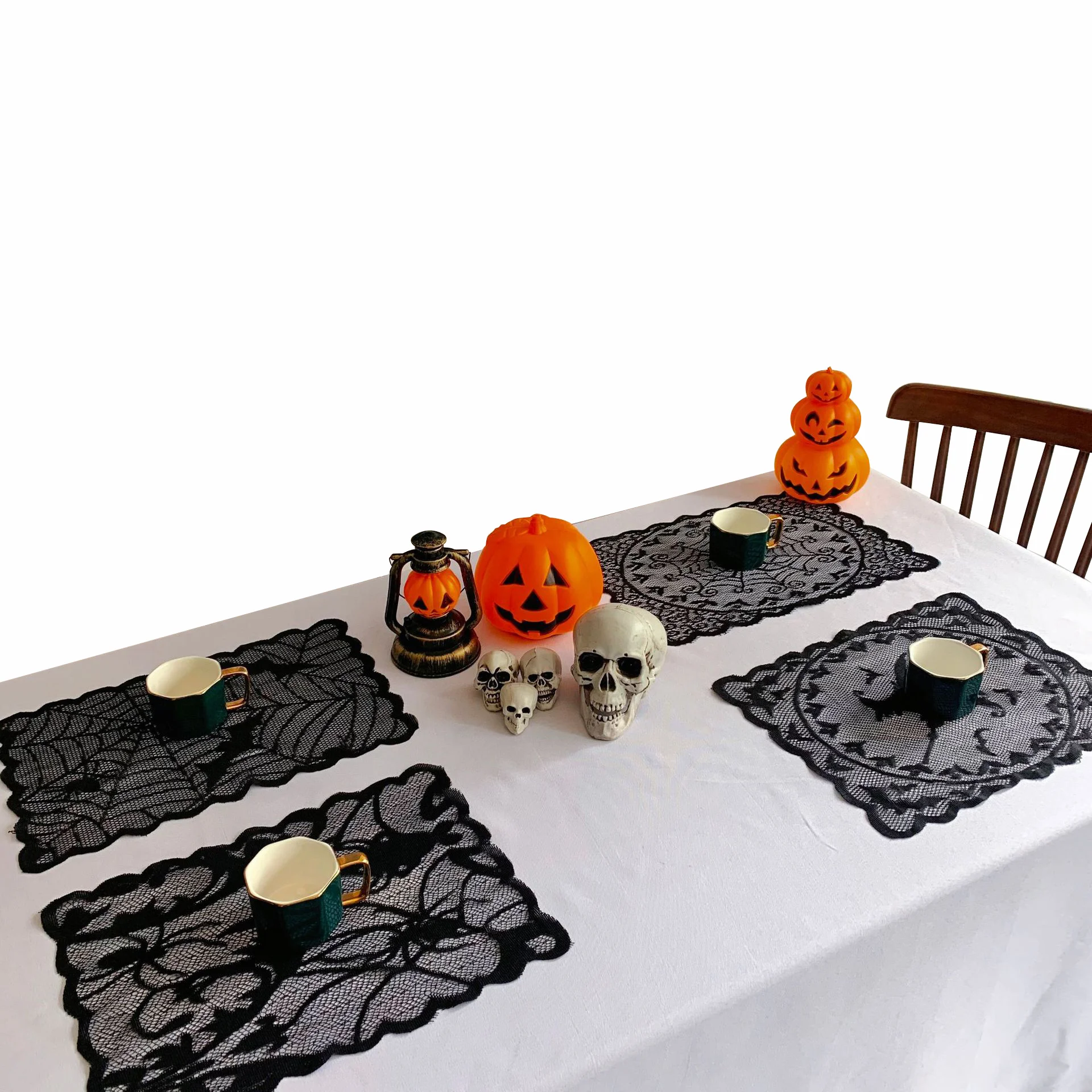 4pcs Halloween Decorations Table Placemats Spider Web Table Mat Black Lace Placemat Desk Pad Party Kitchen Dining Table Decor