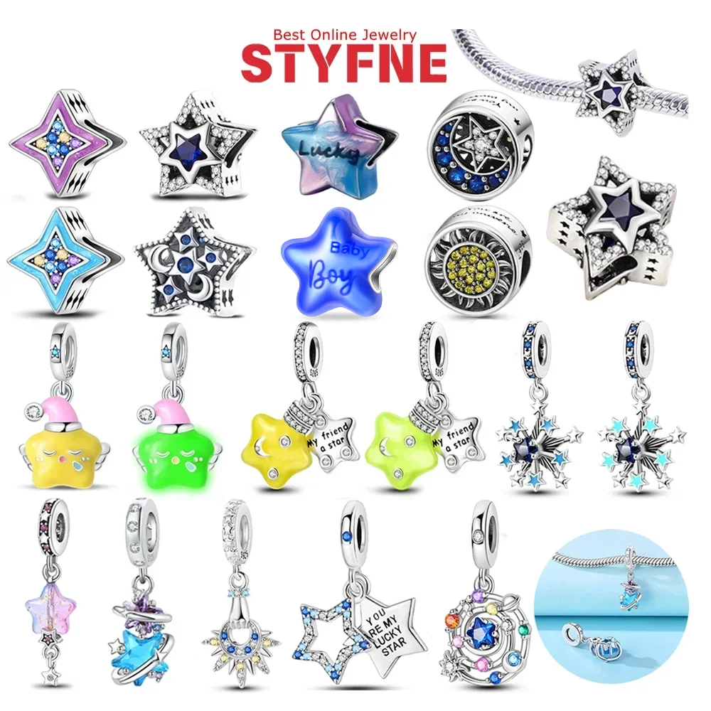 Versilberte Stern-Blau-Kristall-Charms-Perlen für Original-Armbänder, Taschen-Schlüsselanhänger, Charms-Perlen-Anhänger, DIY-Schmuckgeschenk für Frauen