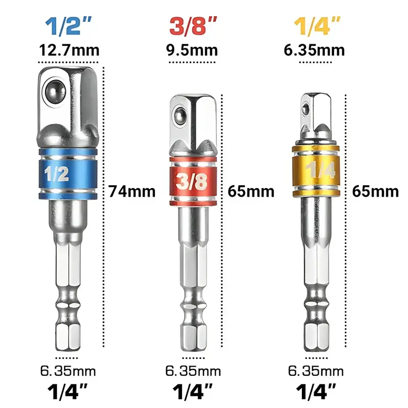 3pcs Impact Driver Socket Extension Adapter Extended Converter Power Drill Hex To High Speed Nut Male Square Wrench 1/4 3/8 1/2 - Image 8