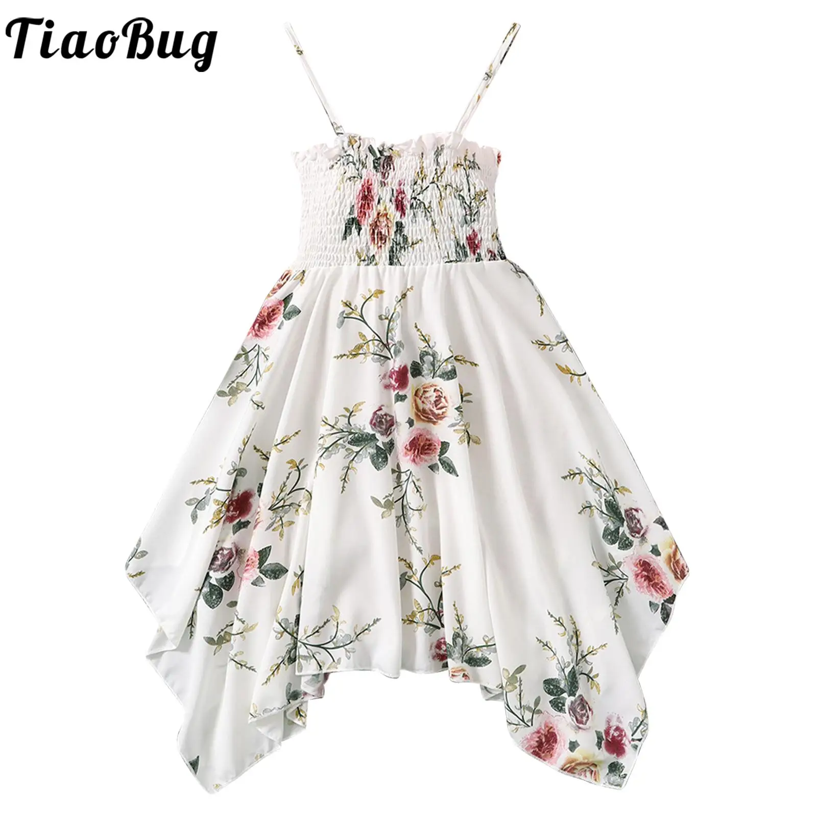 

Kid Girl Vacation Dress Spaghetti Straps Sleeveless Colorful Floral Print Irregular Hem Waisted Dress Child Beautiful Cami Dress