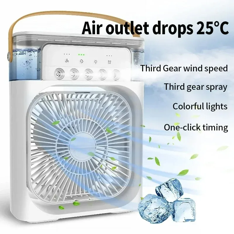 Mini refroidisseur d'air par évaporation avec lumière LED 7 couleurs, climatiseur portable, minuterie 1/2/3 h, 3 vitesses de vent et 3 modes de pulvérisation