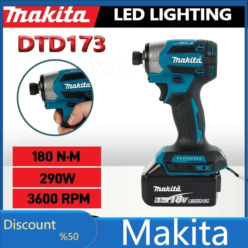 Makita 18V LXT Cordless Impact Driver DTD173 Brushless Electric Drill Screwdriver Wood/Bolt T1/T2-Mode Twin LED Light 180 N·m