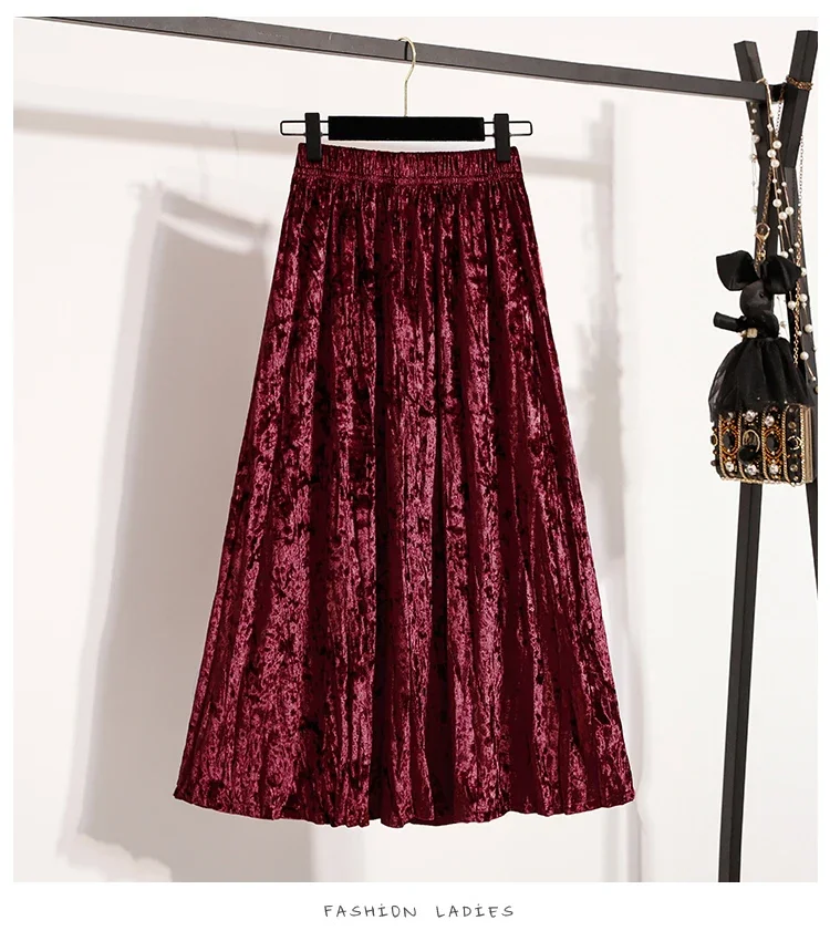 Burgunderroter Plissierter Samt-Midi-Rock für Damen, A-Linie, Herbst/Winter 2026, Vielseitig, Figurbetont, Mittellang, Lässig, Vielseitige Halbrocke – Detail 15