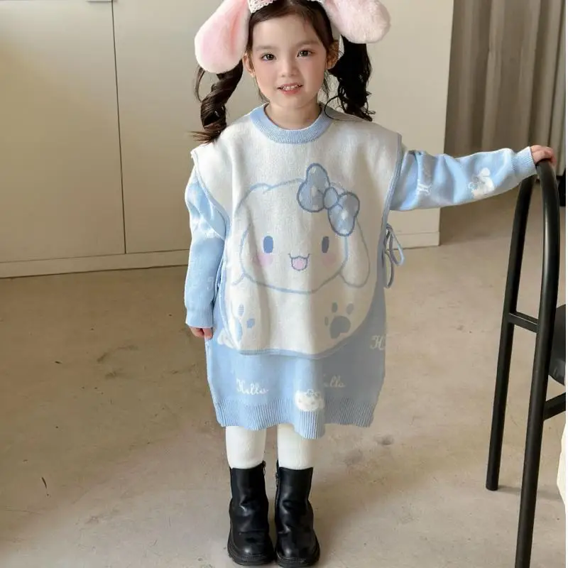 Anime Kawaii Sanrios Hellokittys Cinnamoroll Kuromi Girl Dress Cartoon Cute Sweet Princess Sweater Knitted Skirt Toddler Clothes