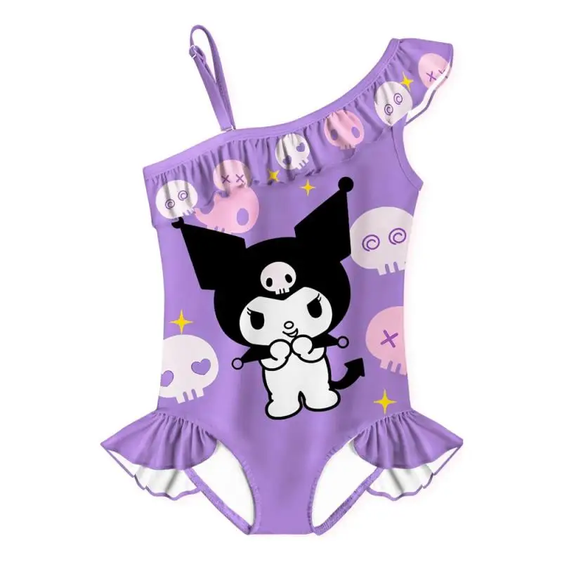 Anime Cartoon Kuromi Girl Swimsuit Swimming Cap Set Summer Seaside Resort Bikini Kawaii Princess Style Sweet Swimwear Girls Gift