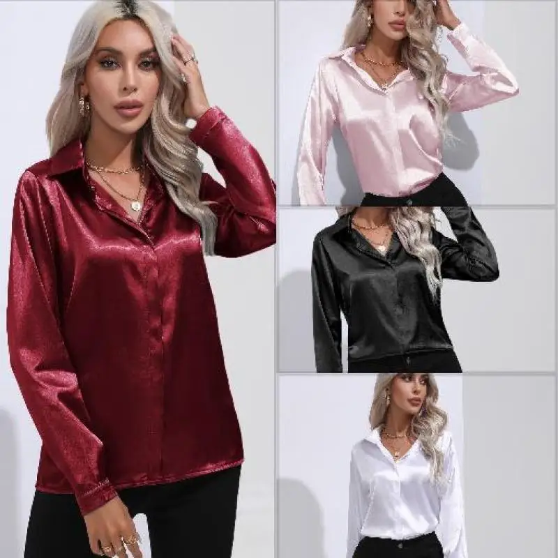

New Office Shirt Women Casual Long Sleeve Solid Collar Satin Silk Shirt Top