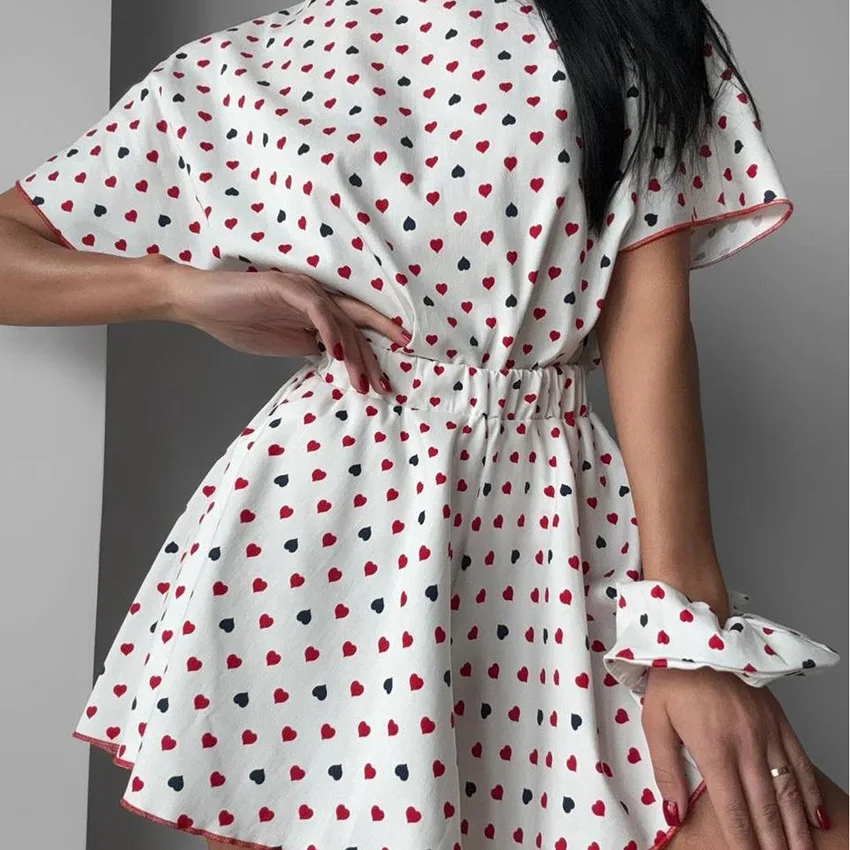 Pajamas Sets 2024 New Knitted Love Print 2-piece Round Neck Short-sleeved Shorts Ladies Loungewear Causal Sleepwear