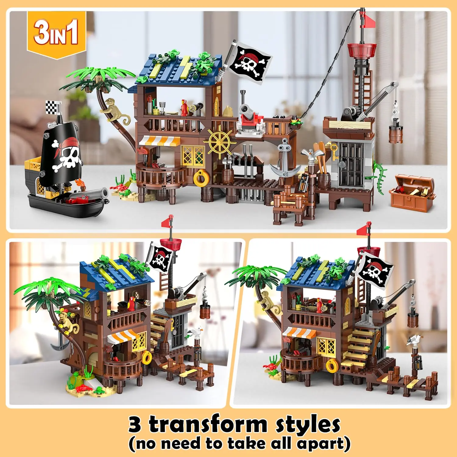 HOGOKIDS Pirate Ship Wharf Building Toy with LED–Medieval Pirate House BuildingBlock Set, Architecture for Kids6+  Birthday Gift