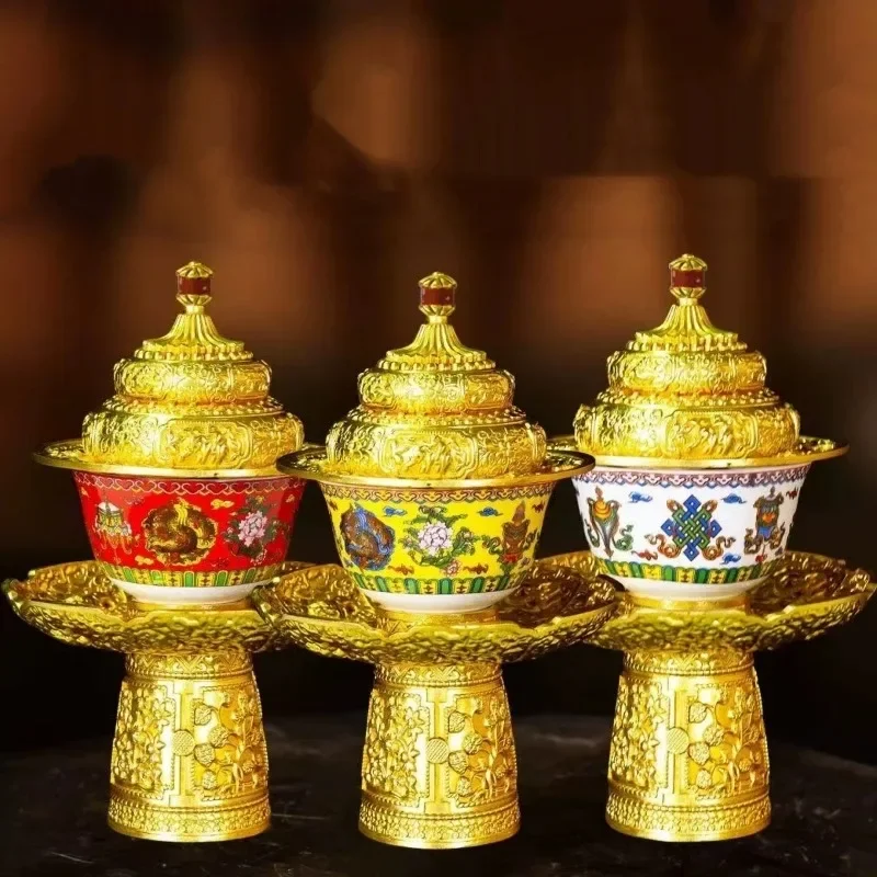 1Set Buddhist Tea Rack Copper,Tibetan Holy Water Cup,Painting Eight  Porcelain Bowl,Altars Buddhist Item Decorative