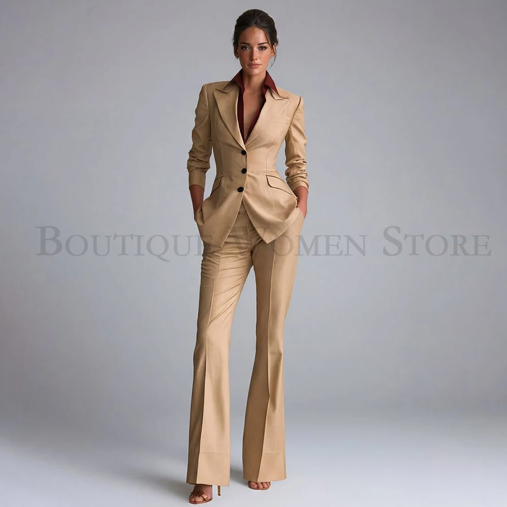 Slim Fit Solid Color Women's Suits 2 Piece Luxury Single Breasted Peak Lapel Blazer Lightweight Jacket Pants Lady Outerwear