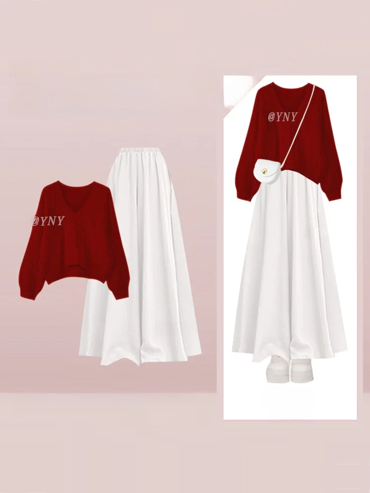

New Year Set Casual Winter Women's Faion Two-Piece Suit Red Sweater And Long Skirt Long Pants Tea System Sle Comfortable