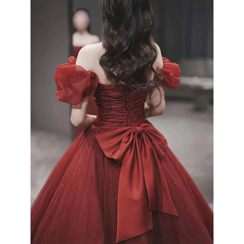 

Wine Red Patchwork Prom Gown Women Off Shoulder Big Bow Lace-Up Sequin Quinceanera Dresses Elegant Modern Evening Dress