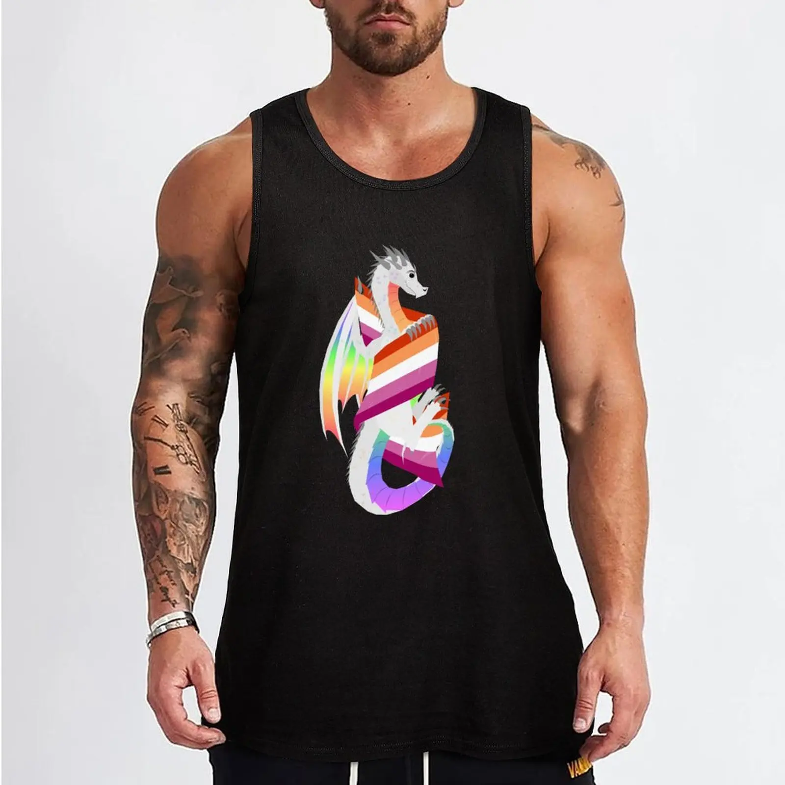 White Dragon, Lesbian Flag + Rainbow LGBTQIA+ Flag Dragon Tank Top sleeveless Men's t-shirts clothes for men