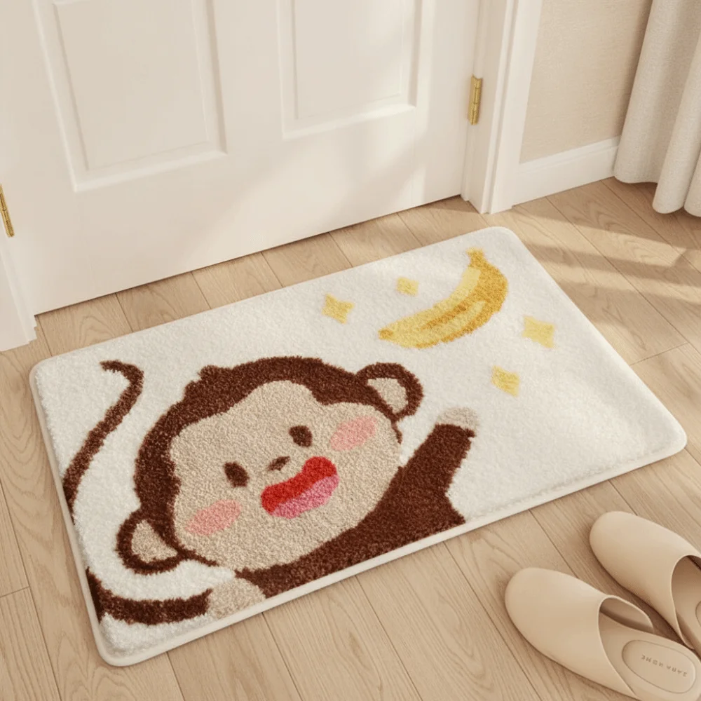 Simple Soft Striped Tufting Rug Water-absorbent Anti-slip Base Small Carpet Cartoon Animal Pattern Thickened Floor Mat Bedroom