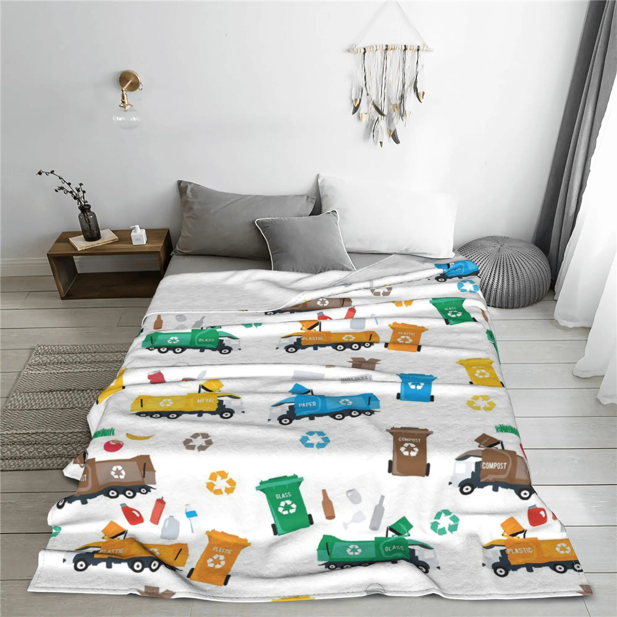 Colorful Recycling Garbage Trucks & Bins Blanket Portable Flannel Sofa Throw Blanket for Home Bedroom Outdoor Throws Bedspread