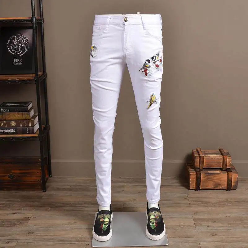 Men's 2026 New White Stretch Denim Jeans Slim Skinny Embroidered Washed Casual Daily Trousers