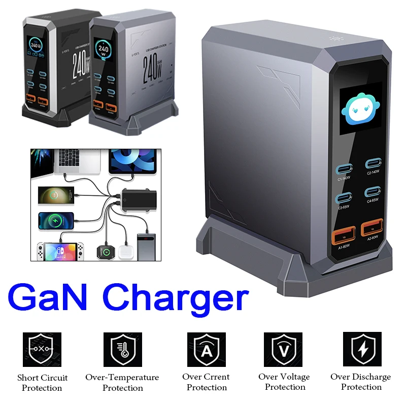 240W GaN Charger 6 IN 1 Multi-Port Fast Charger PD3.1 140W USB Type C PPS PD Desktop Fast Charging Station for Phone Tablet