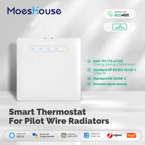 파일럿 와이어 난방 라디에이터 지원을 위한 ZigBee 스마트 온도 조절기 Ecowatt 전기 모니터링 앱 원격 제어 Workwith Alexa