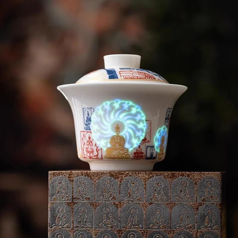 

Дуньхуан светящееся лицо меньше чайный сервиз Будды креативная светящаяся керамическая чаша с крышкой для чайной церемонии Gongfu подарок для домашнего использования