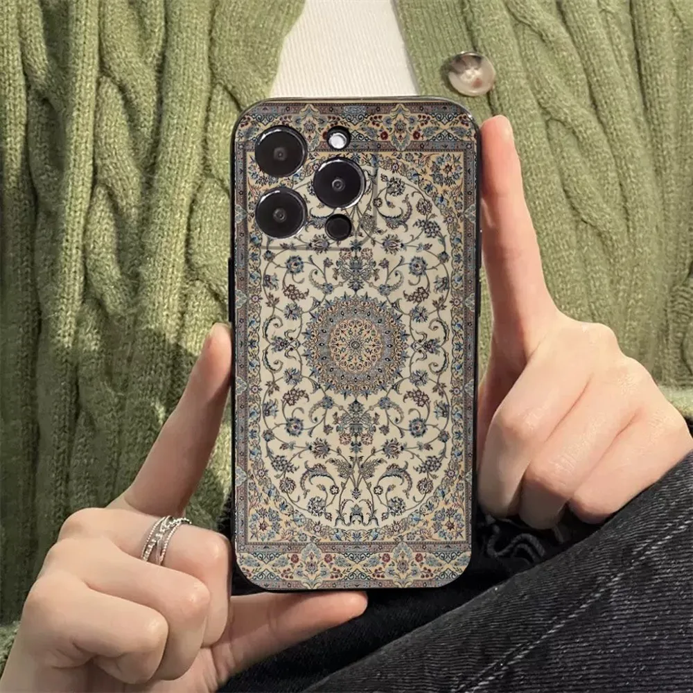 Persian Carpet Floral Pattern Phone Case For Apple iPhone 15,14,13,12,11,XS,XR,X,8,7,Pro,Max,Plus,mini Silicone Black Cover