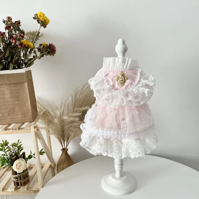 Delicate Pink Pet Lolita Cake Dress Vintage Rhinestone Brooch Decor Multi Layer Lace Ruffle Tulle Dress Fancy Gown for Party