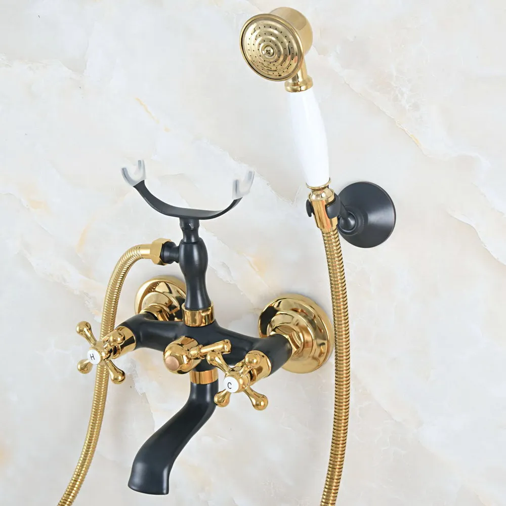 

Gold & Black Oil Rubbed Brass Wall Mounted Bathroom Bath Tub Faucet Set with 1500MM Hand Held Shower Spray Mixer Tap 2na524