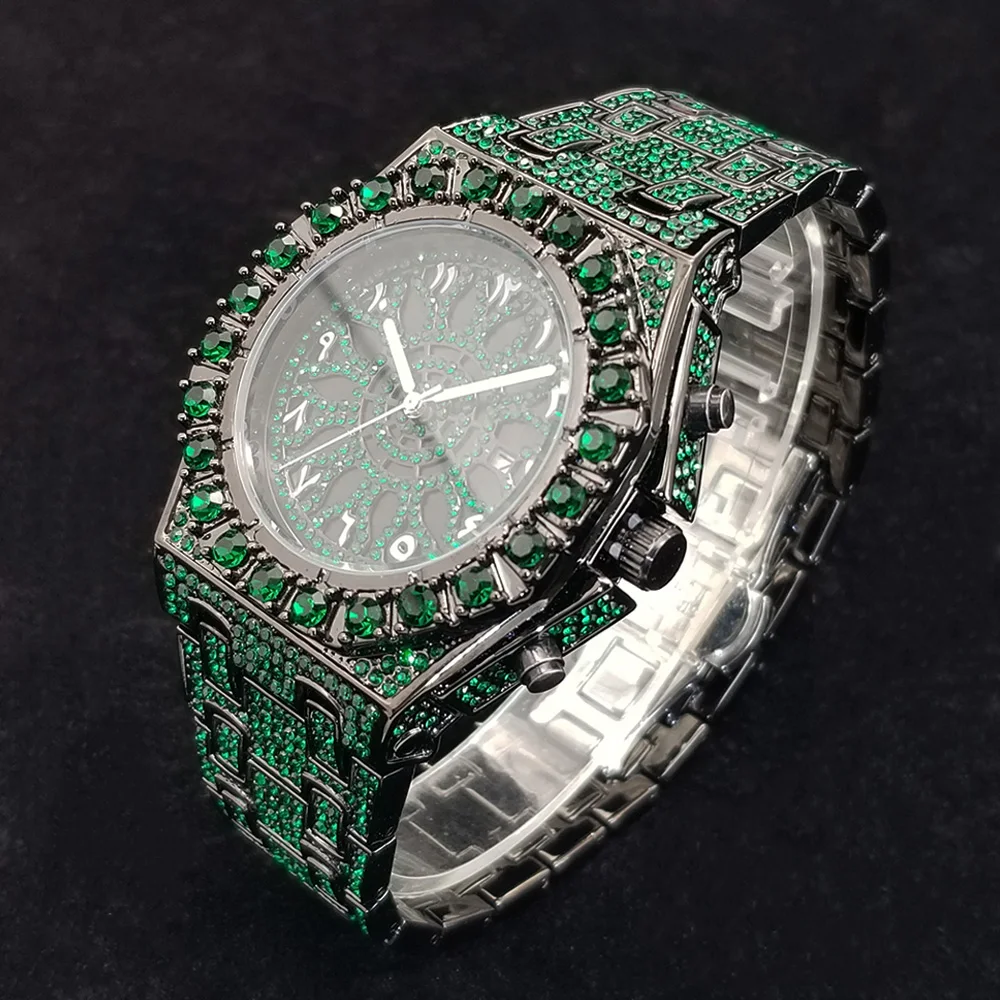 2026 New Diamond Watch for Men Hip Hop Bling Stainless Steel Wathes Novelty Specials Green Zircon Waterproof Clock Reloj Hombre