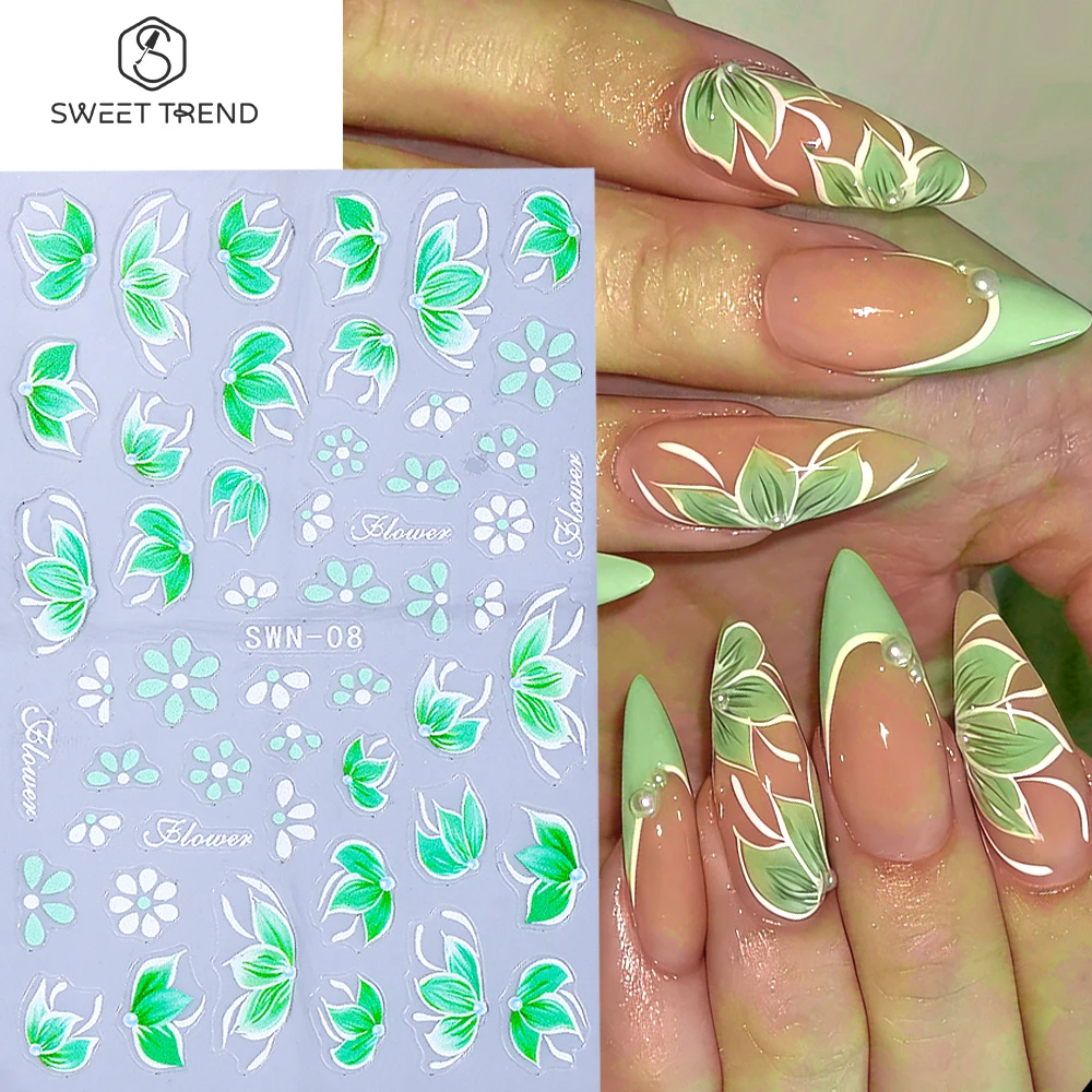 SWEET TREND-1 Stück 3D-Nagelkunst-Aufkleber, grüne Blütenblätter, selbstklebende Dekoration, Nagelaufkleber, DIY, Sommer-Maniküre-Zubehör
