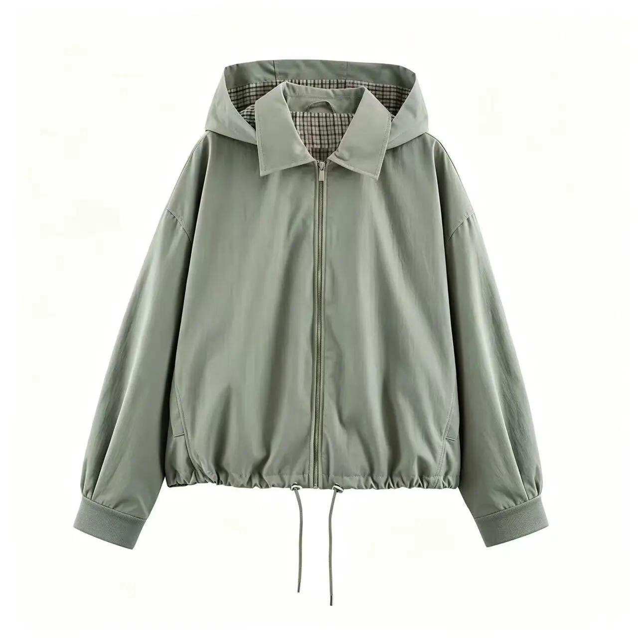 2026 Damen Stilvoller Mantel mit Karo-Futter, Herbstjacke mit abnehmbarer Kapuze, Revers, lockerer Passform, Reißverschluss, Kordelzug am Saum, lässige Streetwear-Oberbekleidung – Detail 7