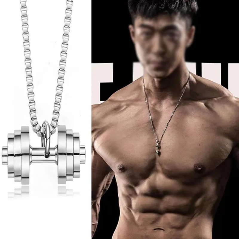 Stainless Steel Barbell Dumbbell Pendant Bodybuilding Gym Equipment Necklace Men Women Gym Sports Jewelry Accessories