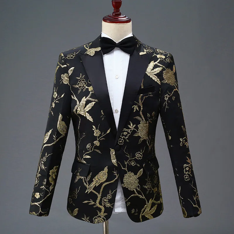 Setelan Pria Motif Bunga untuk Pernikahan Prom 2 Buah Tuksedo Pengantin Pria Pesta Mode Pola Bordir untuk Celana Jaket Kostum Penyanyi Panggung