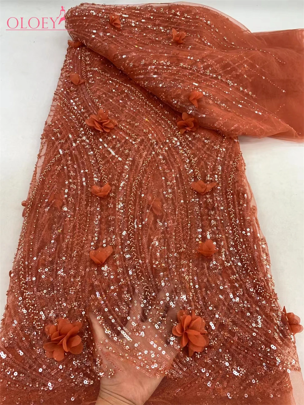 

Fashion French Mesh 3D Flowers Embroidery Beaded Lace Fabric With Sequins African Nigerian Fabric For Wedding Dress