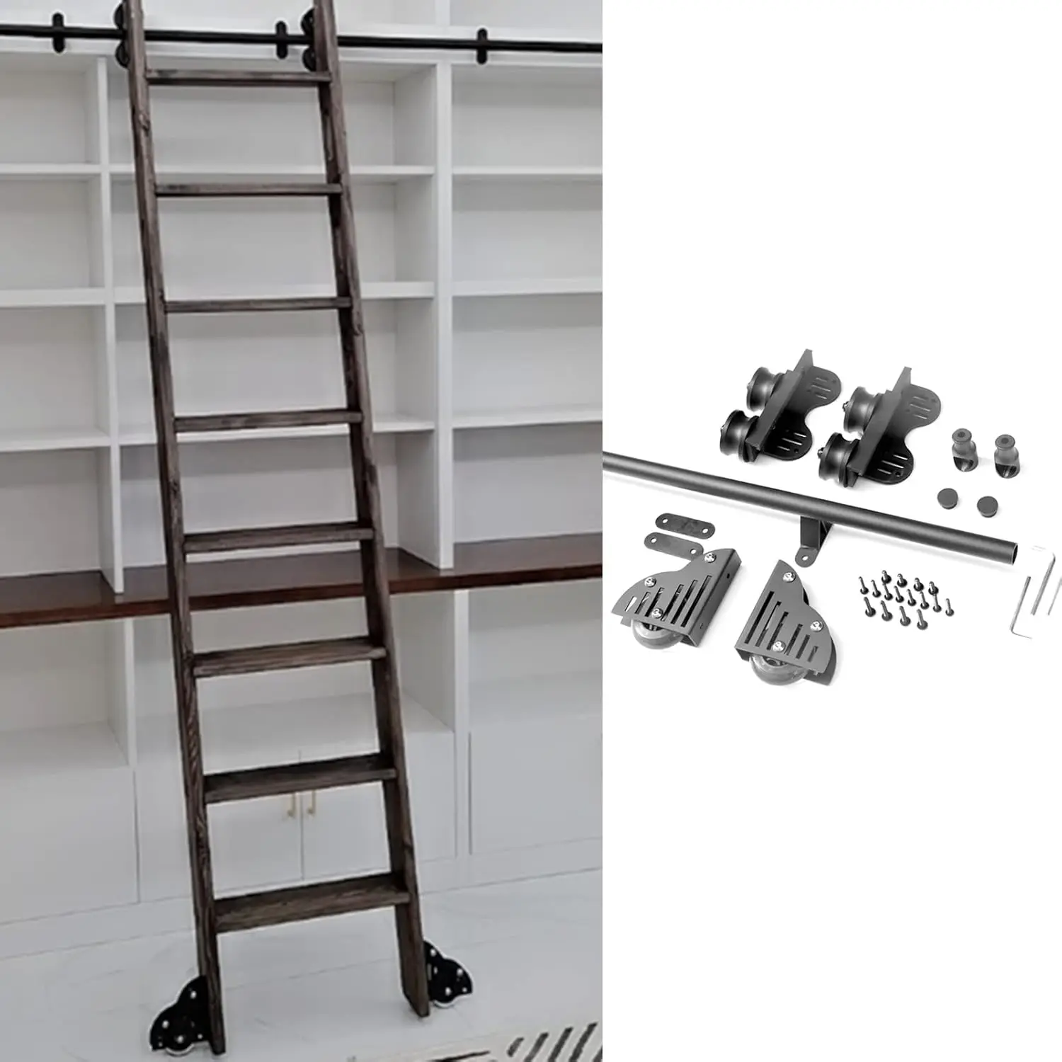 Rolling Library Hardware,(No Ladder) 3.3Ft- 20Ft Sliding Barn Door Hardware Kit With Floor Roller Wheels (No Ladder)