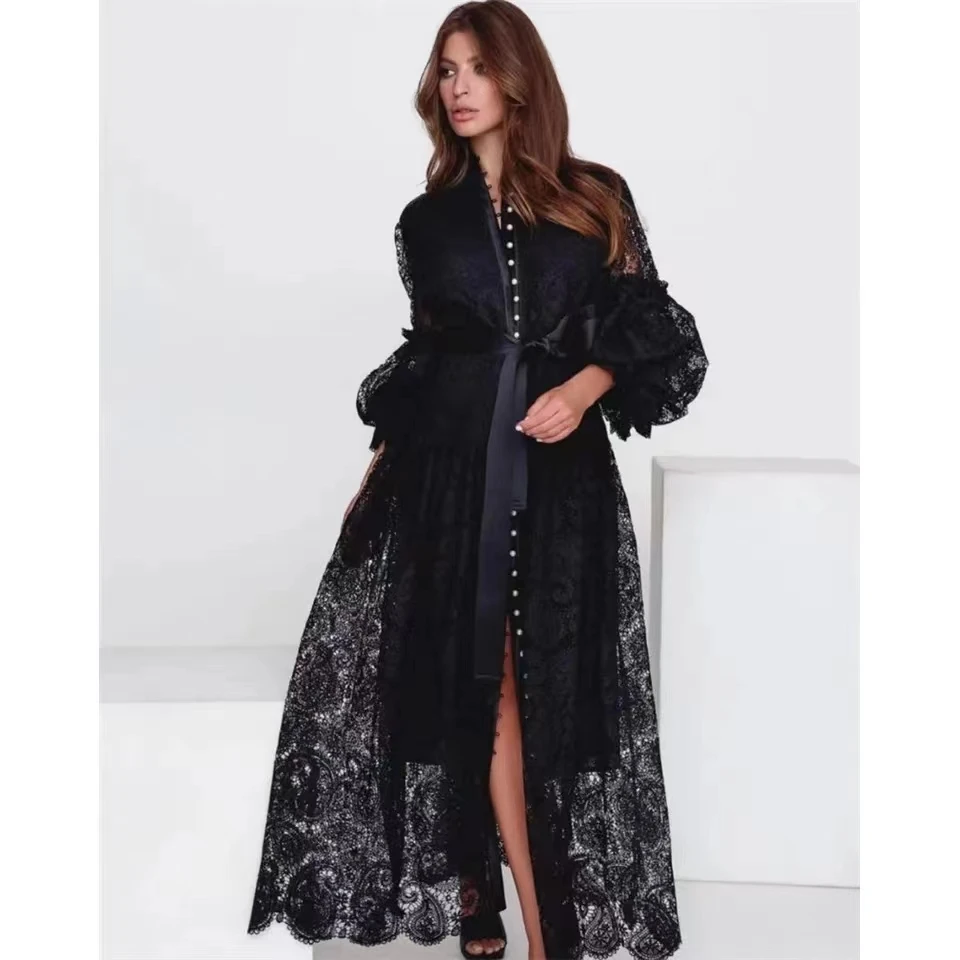 

2023 Elegant Lace Evening Dress Black Tulle Long Sleeves A-Line Front Slit Button Sash Prom Dresses Customizable Vestidos De