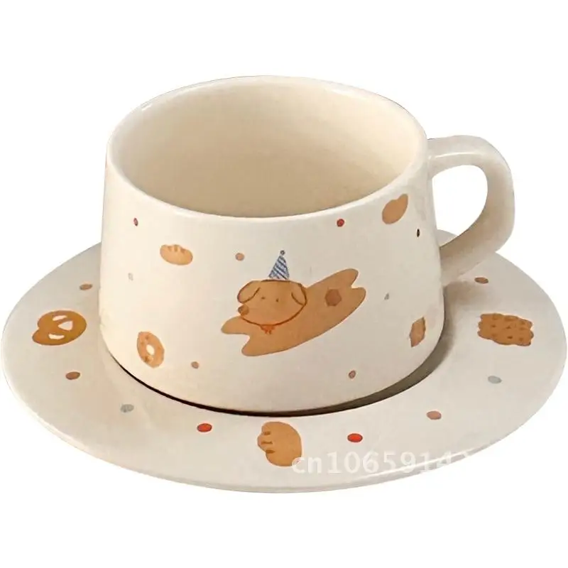 

Ceramic Coffee Cup And Saucer Set Cute Cartoon Design High-Quality Couple's Breakfast Mug 250ml Handheld Straw Hat Plate