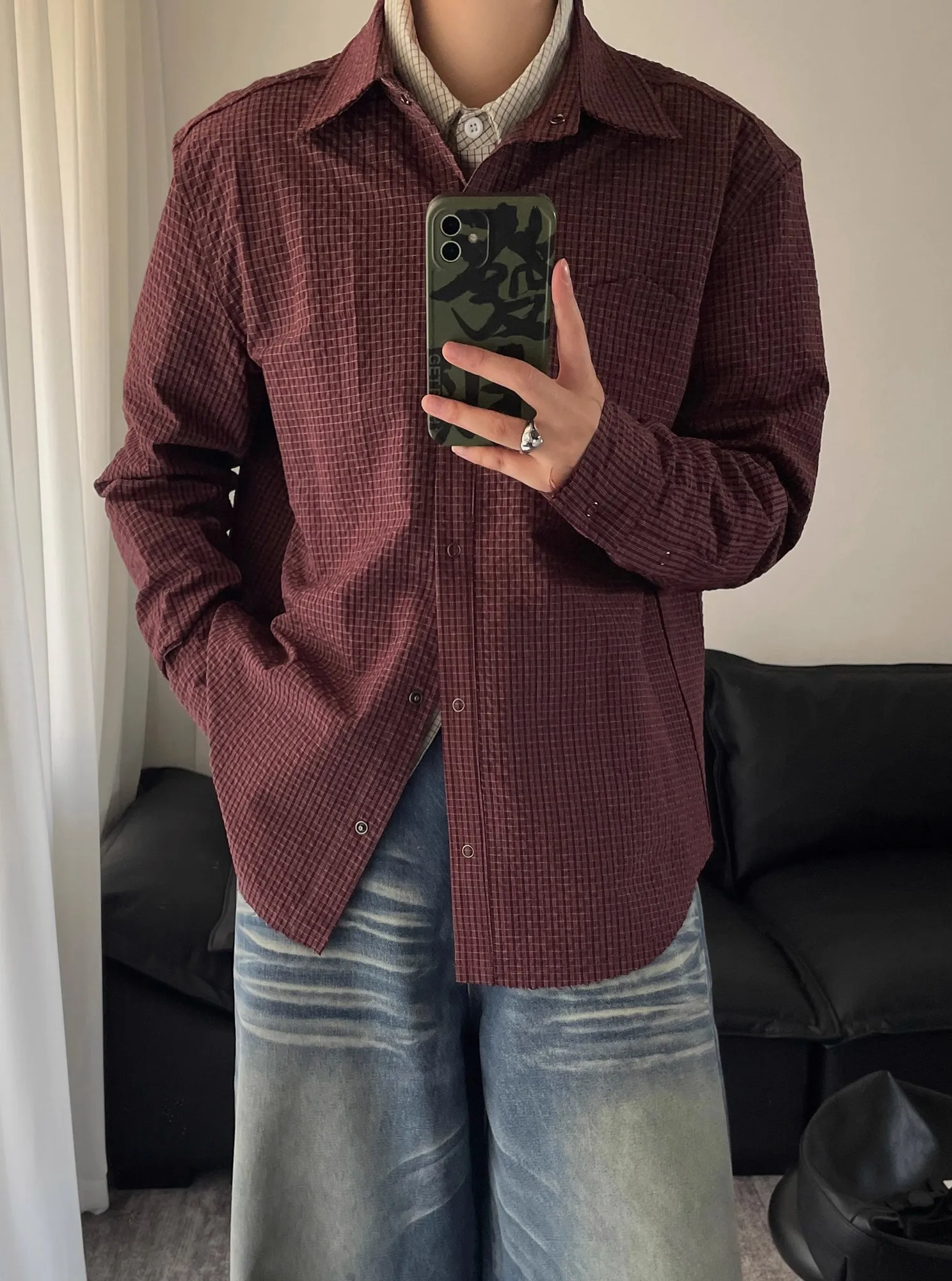 

Мужская марки американского Sle Coral Red Plaid Long Sve irt Cleanfit Design Bubble Silk из полиэфирного волокна без зарегистрированного бренда