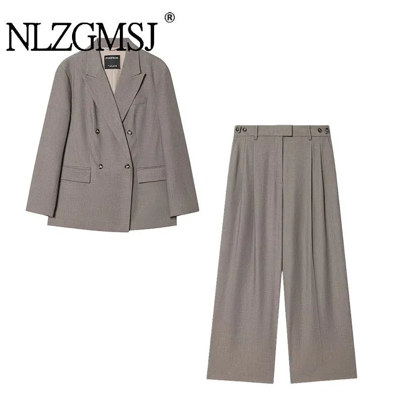 

NLZGMSJ винтажный офисный женский шикарный костюм, двубортный пиджак с длинными рукавами, длинные прямые брюки с высокой талией, модные весенние комплекты 2026