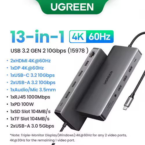 UGREEN Dual HDMI USB-C HUB 8K 4K HDMI Adapter 10 in 1 Splitter with RJ45 USB3.0 PD 100W Dock for MacBook Pro Air Laptop USB HUB - Image 10