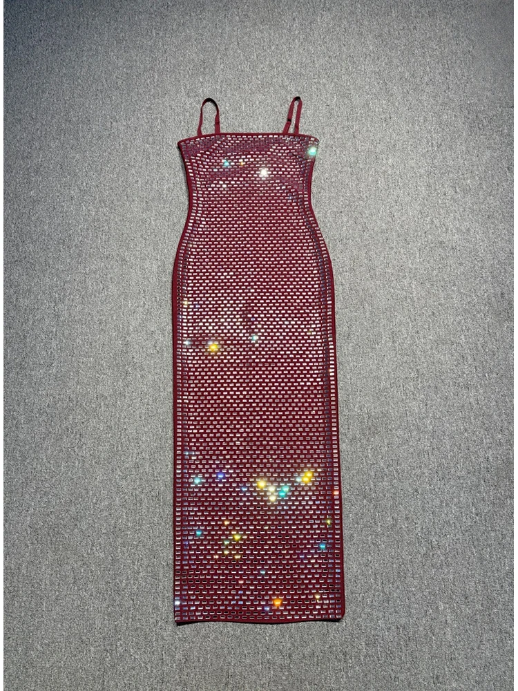 Robe longue à bandes pour femmes, Sexy, col carré, écharpe, strass, sans manches, diamants brillants, moulante, soirée, Cocktail
