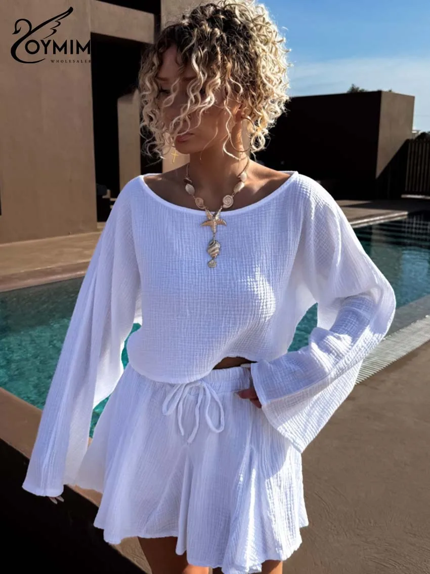 오이미미 우아한 화이트 코튼 여성용 2피스 세트, 패션 O넥 긴팔 크롭탑과 드로스트링 플리츠 미니스커트 세트