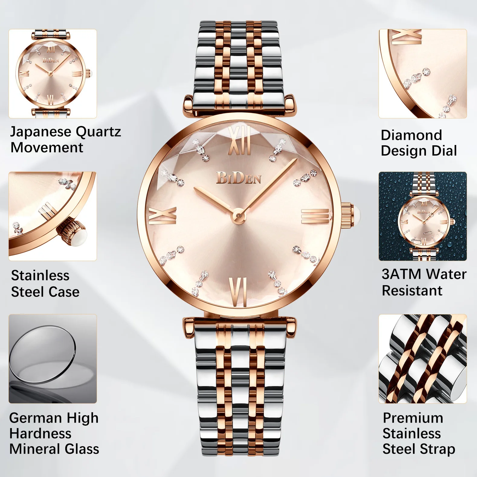 Elegant Womens Watch Top Brand BIDEN Stainless Steel Rose Gold Simple Ladies Watches Fashion Waterproof Quartz Wristwatch Hot