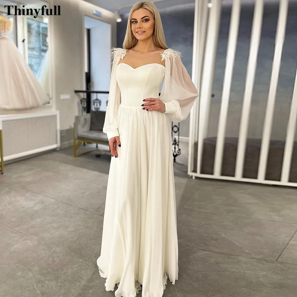 

Thinyfull 2022 Chiffon Wedding Dresses Boho See Through O-Neck Long Puff Sleeves Bridal Gowns Feathers Long Wedding Party Gowns